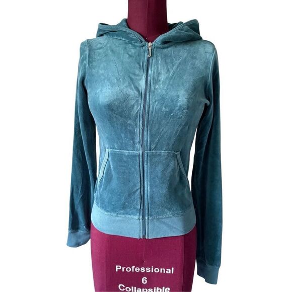 Juicy Couture Y2K Velour Hooded Full Zip Teal Jacket size S - Picture 1 of 10